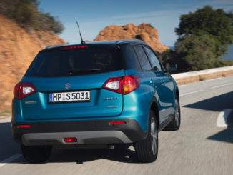 Blick auf das Heck eines blauen Suzuki Vitara bei der Anfahrt auf eine Kurve einer Landstraße