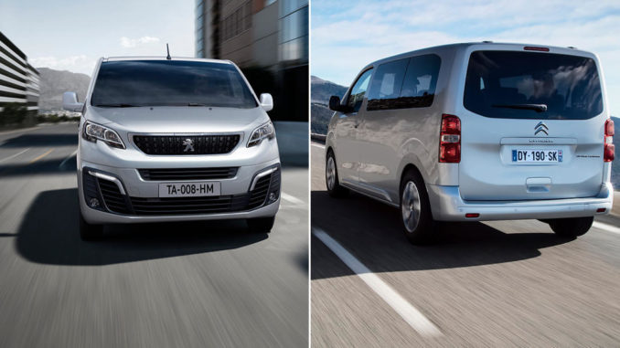 Die Kleintransporter Baureihe von PSA: Peugeot Expert von vorne und Citroen Spacetourer von hinten, jeweils in silber.