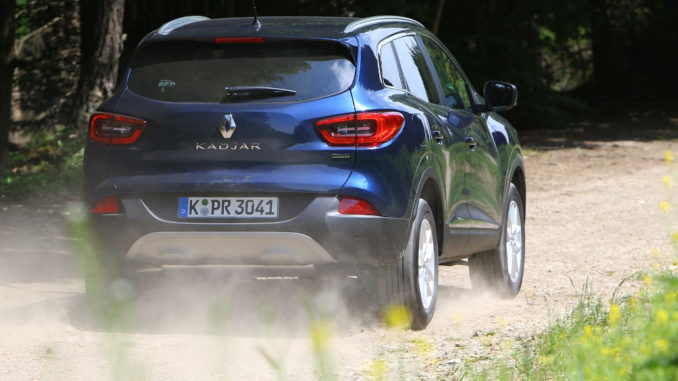 Ein blauer Renault Kadjar fährt auf einem Waldweg.