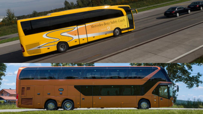 Zweigeteiltes Bild: Oben ein gelber Mercedes-Benz Travego demonstriet den Notbremsassistenten, unten ein brauner Neoplan Skyliner im Profil.