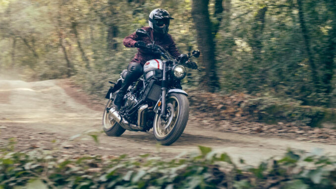 Eine Yamaha XSR700 XTribute des MY2022 fährt auf einem Waldweg.