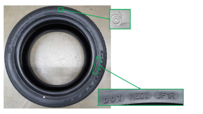 Abbildung des zurückgerufenen Reifens Goodyear Efficientgrip mit Hervorhebung der Erkennungsmerkmale.