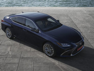 Ein blauer Lexus ES steht 2018 auf einer Hafenmole.