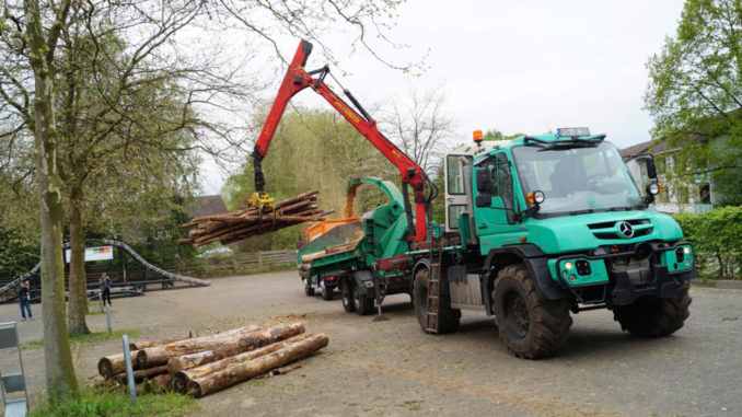 Baumstämme mit bis zu 65 cm Durchmesser werden hier zu Kleinholz gemacht, als wären es Mikadostäbchen. Sascha Voß sitzt dazu im Führerstand seines Krans, der auf seinem Unimog U 530 montiert ist.