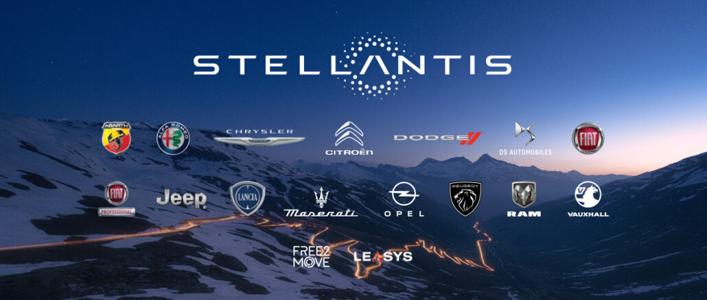 Stellantis Logo mit einer Übersicht aller zum Konzern gehördenden Marken.