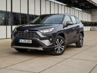 Ein blauer Toyota RAV4 steht 2019 vor Garagentoren.