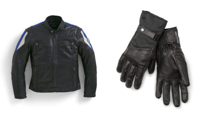 BMW-Motorradzubehör: Jacke Club Leder Herren, Gr. M, Teilenummer 76129899222, sowie Handschuh DownTown, Teilenummer 76218560843 bis 76218560849