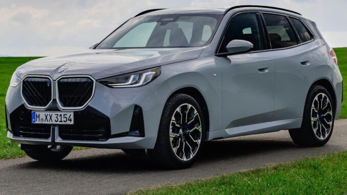 Ein grauer BMW X3 (G45) 20 xDrive mit M Sport Paket steht 2024 auf einem Feldweg.