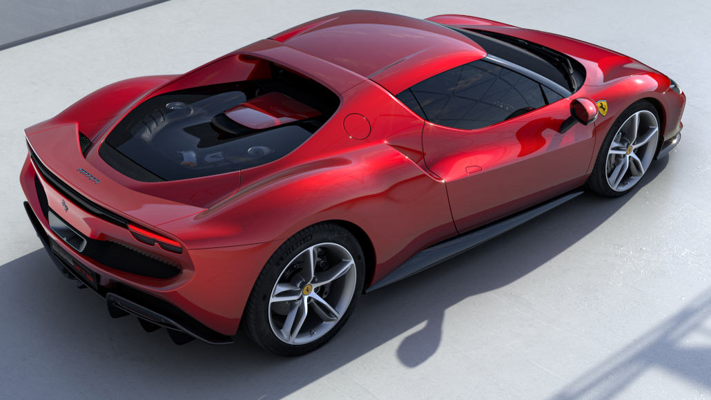 Standaufnahme eines roten Ferrari 296 von 2021.