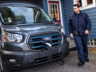 Ein grauer E-Transit wird an einem Einfamilienhaus geladen.