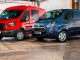 Ein roter Ford Transit und ein blauer Transit Custom stehen 2016 in einer Lagerhalle.