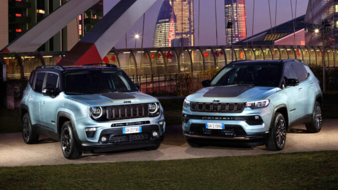 Jeep Renegade und Compass e-Hybrid Upland in türkis.