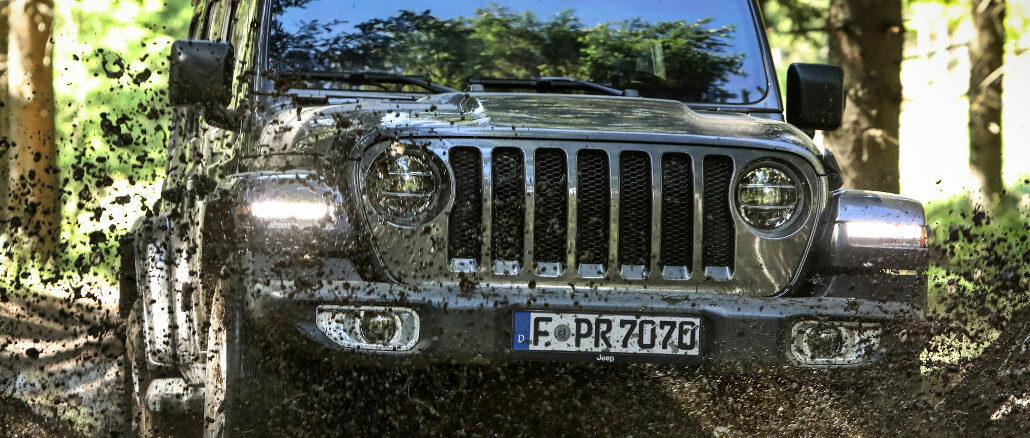 Ein grauer Jeep Wrangler Sahara Limited fährt 2019 durch den Wald.