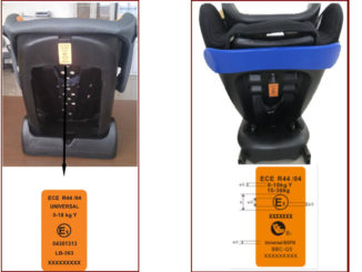 Abbildung zweier Kindersitze des Herstellers Jiangsu Best Baby Carseat samt ECE-Label zur Idetifizierung.