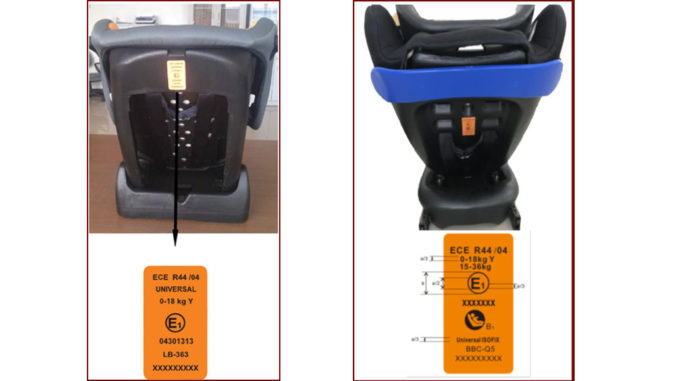 Abbildung zweier Kindersitze des Herstellers Jiangsu Best Baby Carseat samt ECE-Label zur Idetifizierung.