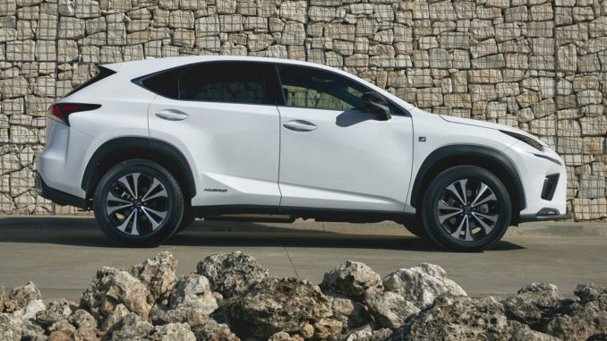 Ein weißer Lexus NX steht vor einer Steinmauer.