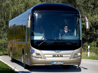 Ein goldfarbener MAN Lions Regio fährt auf einer Landstraße.