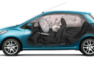 Explosionszeichnung eines blauen Mazda2 (Baureihe DE) mit seinen Airbags.