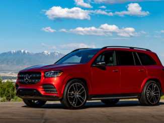 Ein Mercedes-Benz GLS 580 4MATIC, designo hyazinthrot metallic, Leder schwarz, steht 2019 auf einer Anhöhe vor einer Bergkette.