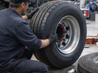 Mechaniker montiert einen Lkw-Reifen in einer Nutzfahrzeug-Werkstatt.