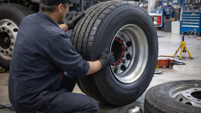 Mechaniker montiert einen Lkw-Reifen in einer Nutzfahrzeug-Werkstatt.