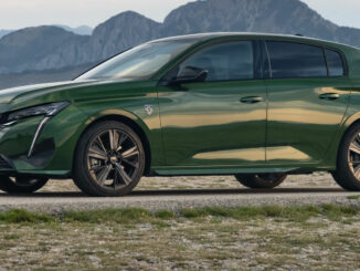 Ein grüner Peugeot 308 steht 2021 vor einer Bergkulisse.