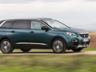 Ein grüner Peugeot 5008 fährt auf einer Landstraße.