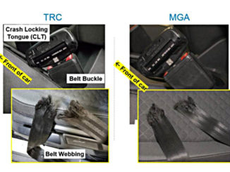 Bilder zweier gerissener Sicherheitsgurte bei Crashtests zweier VW Tiguan.Die Tests wurden am 8. Dezember 2017 bei MGA Research Corp. in Wisconsin (MGA) und am 13. Dezember 2017 im Transportation Research Center von Ohio (TRC) durchgeführt.