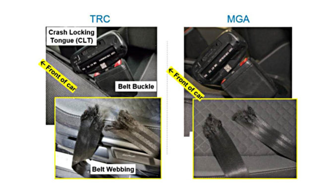 Bilder zweier gerissener Sicherheitsgurte bei Crashtests zweier VW Tiguan.Die Tests wurden am 8. Dezember 2017 bei MGA Research Corp. in Wisconsin (MGA) und am 13. Dezember 2017 im Transportation Research Center von Ohio (TRC) durchgeführt.