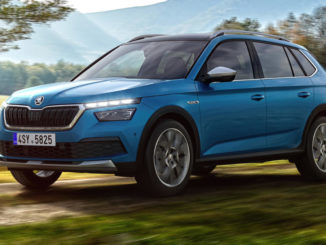 Ein blauer Skoda Kamiq fährt im Herbst 2019 durch einen Wald.