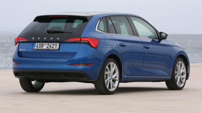 Ein blauer Skoda Skala steht 2019 an der Meeresküste.