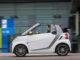 Ein weißes smart fortwo cabrio edition BoConcept, fährt 2013 vor einer Halle.