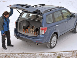 Ein blauer Subar Forester steht 2011 mit geöffneter Heckklappe im Schnee.