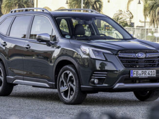 Ein dunkelgrüner Subaru Forester des Modelljahrs 2022 steht an einer Hafenmole.