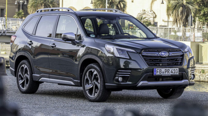 Ein dunkelgrüner Subaru Forester des Modelljahrs 2022 steht an einer Hafenmole.