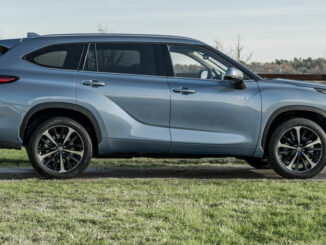 Ein blaugrauer Toyota Highlander steht 2020 vor einer Pferdekoppel.