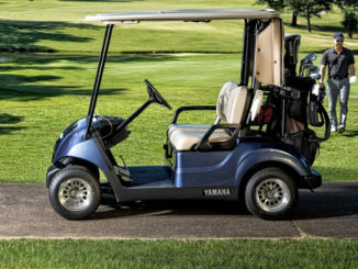 Ein blaues Golf Cart von Yamaha, modell Drive2, steht auf einem Weg am Rande eines Platzes.